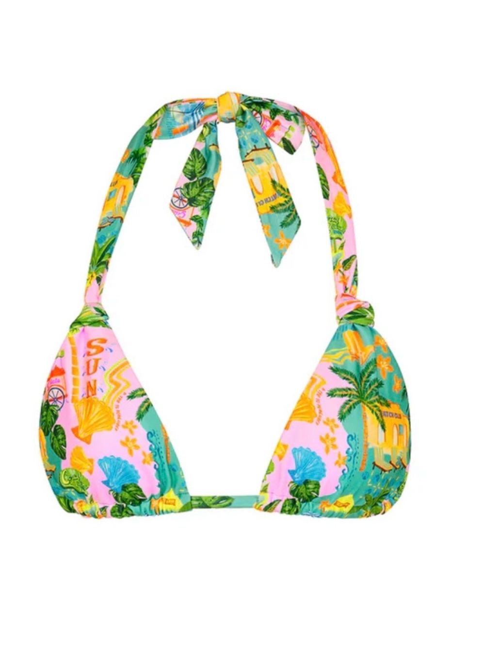 Kulani Kinis Sunlit Spritz Pink & Teal Tropical Print Halter Bikini Top Sz M